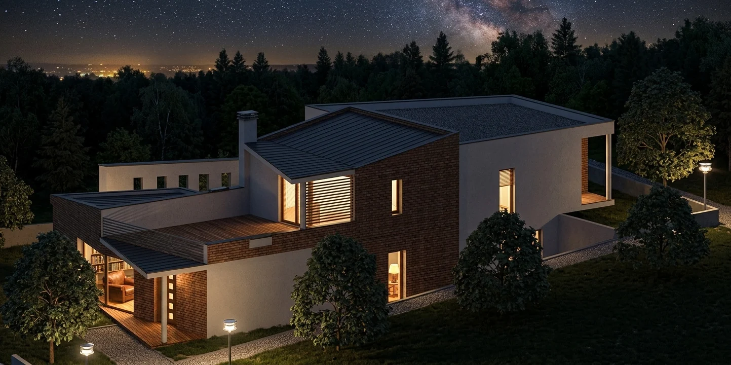 Rendering residenziale con terrazze e volumi illuminati · vista 1