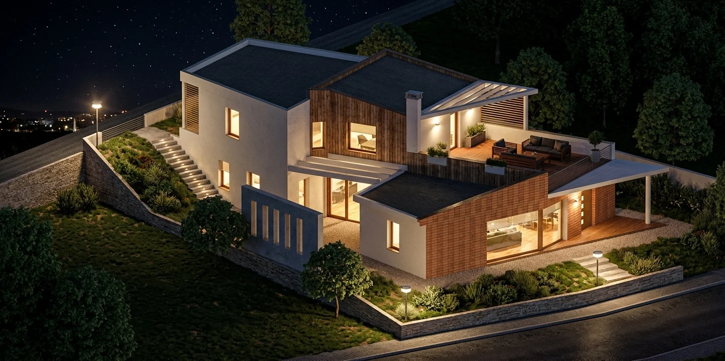 Rendering notturno di un edificio su più livelli, fornito dallo Studio Tecnico Niedda–Farina.
